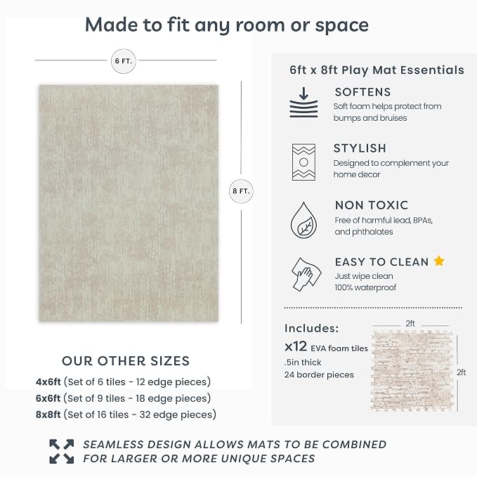 Little Landings Baby Play Mat for Floor - Sandstone (6x8ft) - Premium EVA Foam Play Mat for Babies & Toddlers (Ages 0-5+) Non-Toxic Playmat for Tummy Time, Crawling & Playroom - Stylish & Comfortable