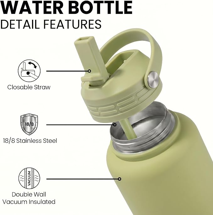 Green Insulated 32 oz Metal Leakproof Water Bottle | Mens Stainless Steel Water Flask, Large Sports Travel Water Bottle for Gym,Hiking,1 liters Thermal Bottle with 2 Lids