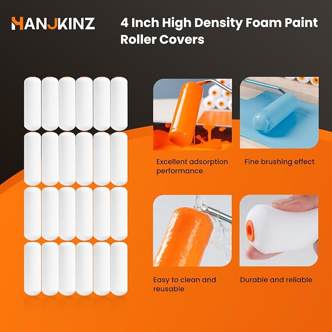 Foam Paint Roller, 4 Inch, 24 Pack, Mini Paint Roller Covers | High Density Foam, Small Paint Rollers for All Flat Surfaces, Suitable for Wall, Kitchen Cabinets, Doors, Tables