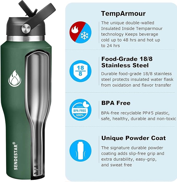 SENDESTAR Water Bottle,Wide Mouth Stainless Steel Vacuum Insulated Double Wall Keep Liquids Cold or Hot All Day,Sweat Proof Sport Design,Fit Car Cup Holder,Dark Green,40 Ounces
