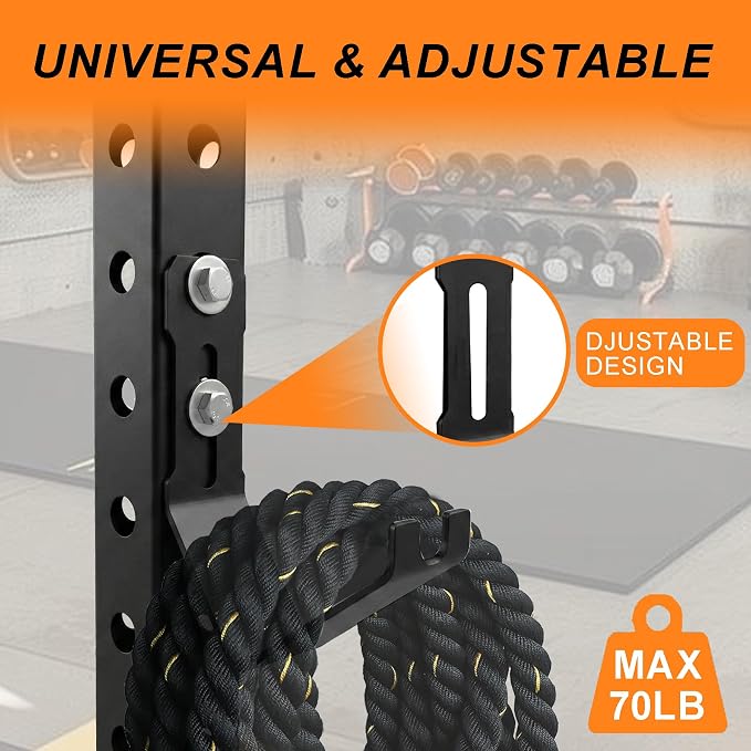 Heavy-Duty Battle Rope Storage Attachment for Squat Rack, Universal 5mm Steel Hanger with Multi-Use Front Notch, Adjustable Mount Fits 5/8" & 1" Holes, Home Gym Equipment Organizer