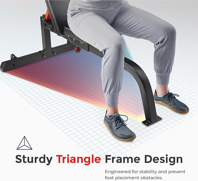 Sunny Health & Fitness Multifunction Adjustable Incline Weight Bench | 520 lb Capacity, Stable Triangular Frame, Multiple Incline Positions, High-Density Padding, Home Gym Training