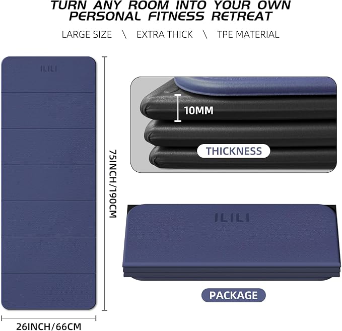 ILILI Foldable Yoga Mat 10mm, Extra Thick, Extra Long, 75x26x0.4 Inch, TPE | Non-Slip Grip, Easy Carry&Storage, Comfort Cushion, SGS Safe, Suitable for Yoga, Pilates, Home Exercise&Outdoor Travel