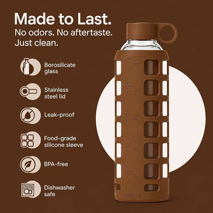purifyou 40oz / 32oz / 22oz / 12oz Borosilicate Glass Water Bottle with Time & Volume Markers, Silicone Sleeve, Stainless Steel Lid – Reusable Glass Bottle for Water & Juice (32oz Earth Brown)