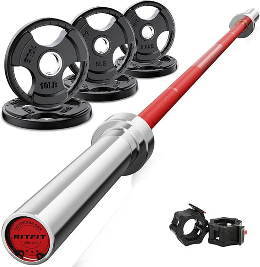 RitFit Barbell Weight Set - 4/6FT Olympic Barbell with Weight Plates (55-115LB Total) - Weightlifting Equipment for Squats, Curls, Deadlifts, Presses, Hip Thrusts
