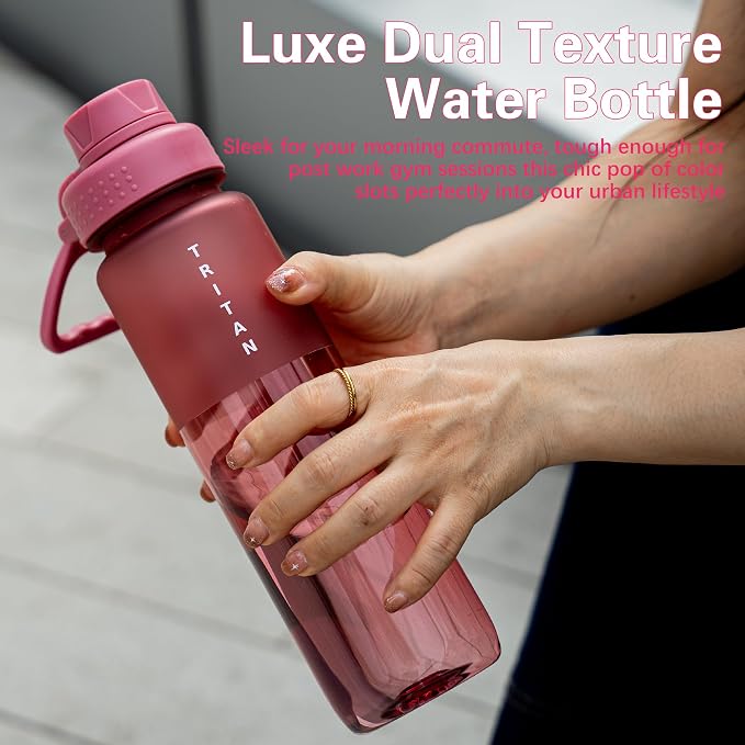 OLDLEY 32oz Water Bottle with Handle, BPA-Free Tritan Reusable Sports Water Bottle with Leak-Proof Dust Lid, Wide Mouth, Cup Holder Friendly, Half Frosted Clear Bottle for Gym,Travel, Work,Coral Pink