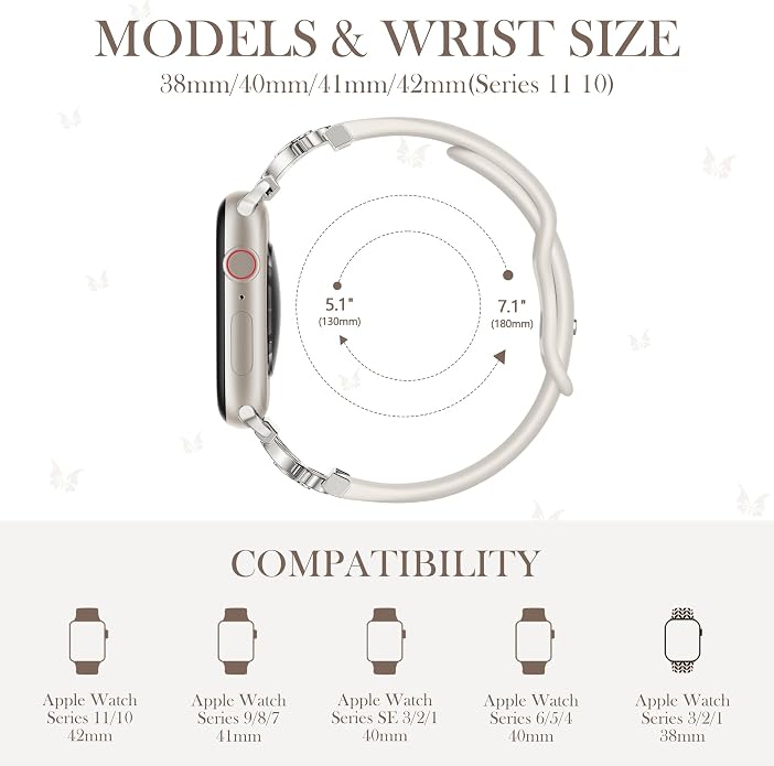 Lerobo Slim Silicone Band Compatible with Apple Watch Bands for Women | Dressy Metal Butterfly 16mm Thin Strap for iWatch Series 11 10 9 8 7 6 5 4 SE Ultra 38mm 40mm 41mm 42mm 44mm 45mm 46mm 49mm
