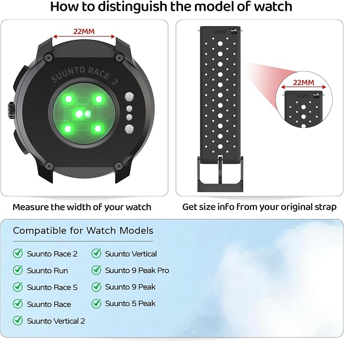 Watch Band for Suunto Race 2/Vertical 2/Run/S/9 Peak/Pro/5 Peak | Soft Silicone 22mm Replacement Bands for Vertical/Race/9 Peak Pro