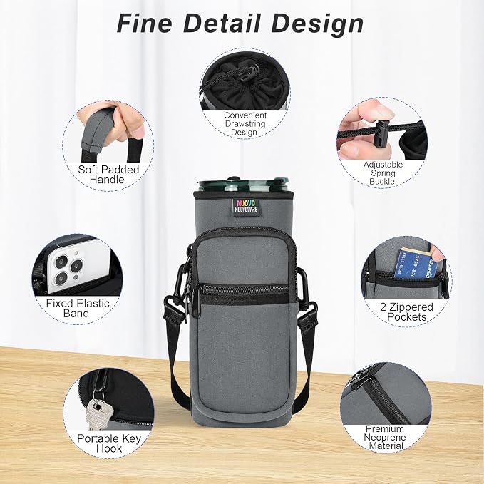 Nuovoware Magnetic Gym Bag, 25oz/32oz, Water Bottle Carrier Holder, Grey | Adjustable Shoulder Strap, 2 Pocket, Sports Sling Neoprene Sleeve, for Hiking Travelling Camping