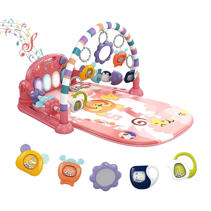 dearlomum Pink Tiger Theme Baby Play Mat Gym with Kick & Play Piano | Tummy Time Activity Mat with 5 Infant Sensory Toys, Music and Lights, Boy & Girl Gifts for Newborns 0 to 3 6 9 12 Months