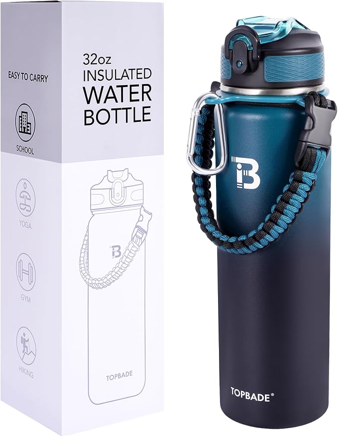 TOPBADE 32oz Insulated Water Bottle with Straw Lid & Spout Lid & Paracord Handle, Stainless Steel Water Bottle Wide Mouth, Double Wall for Women Men Gym Fitness Outdoor
