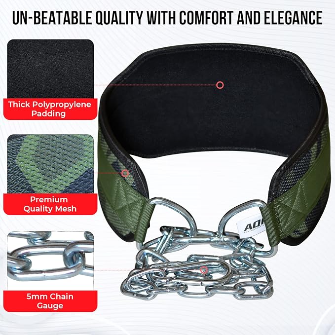 AQF Dip Belt with 36" Steel Chain - Neoprene Padded Back Support Belt | Secure Carabiners for Weighted Pull ups, Dips, Gym, Powerlifting, Bodybuilding, Squat & Fitness