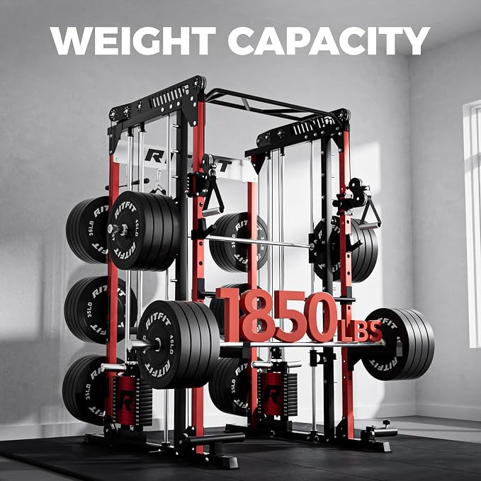 RitFit M1 Pro Smith Machine with Weight Stack Package Power Cage Home Gym | Dual Cables, Barbell & Handles, Cable Crossover, ALL-in-1 Home Gym, 1850LBS Capacity