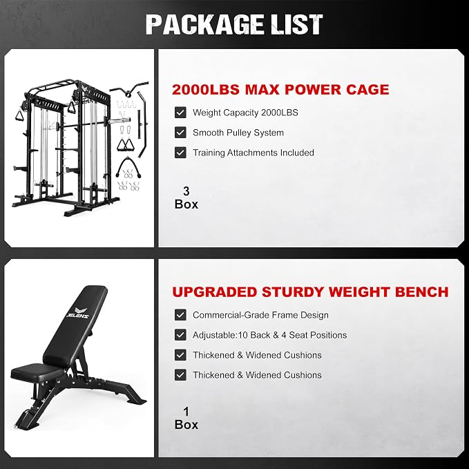 JELENS M21 Smith Machine, Multi-Function Power Cage with Dual Pulley Cable Crossover System, 2000LBS All-in-One Squat Rack with Smith Bar and Attachments for Home Gym