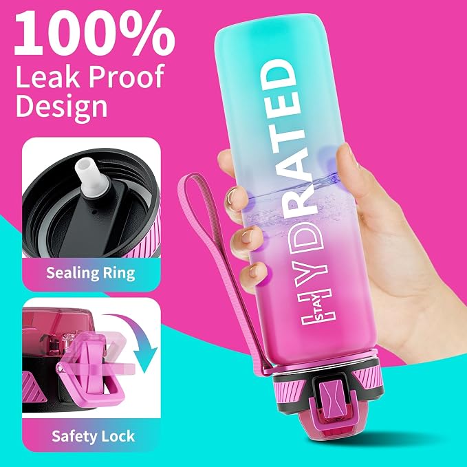 QLUR Water Bottle with Straw, 27oz Motivational Water Bottles with Time Marker to Drink, Tritan BPA Free, 750ml Sports Water Bottle with Carry Strap LeakProof for School Fitness Outdoor (1Pack)