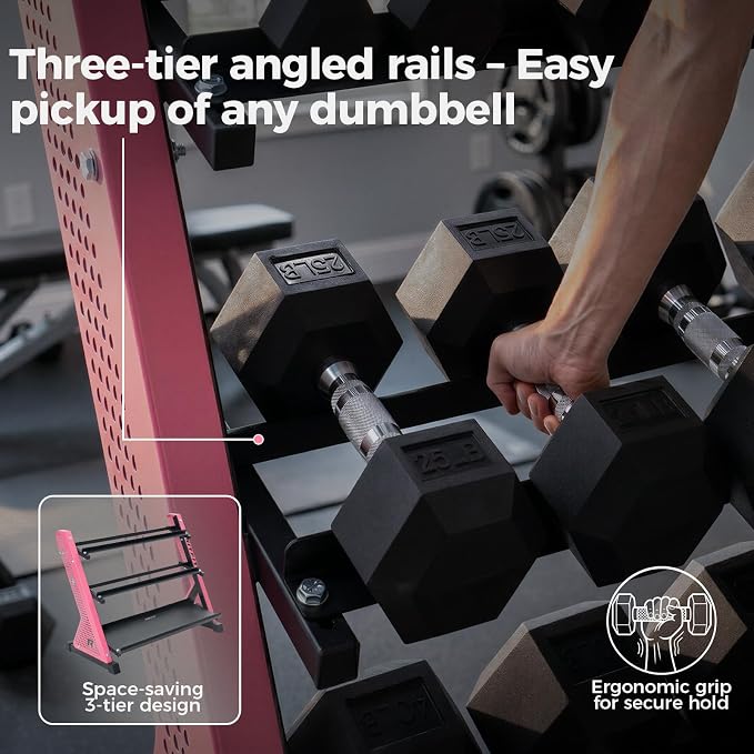 RitFit Rubber Hex Dumbbell Weight Set with 3-Tier Dumbbell Rack | Anti-Slip Knurled Chrome Handle,Cast Iron,Hexagon Anti-Roll Design,1000LB Capacity Heavy Duty Steel Rack for Home Gym