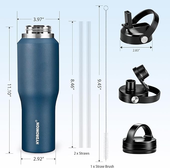 HYDROWION Water Bottles with Straw, 40oz Insulated Water Bottle fit in Car Cup Holder, Black Water Bottles with Straw Lid, Spout Lid and Flex Cap, Leakproof Travel Insulated Tumbler, Cobalt