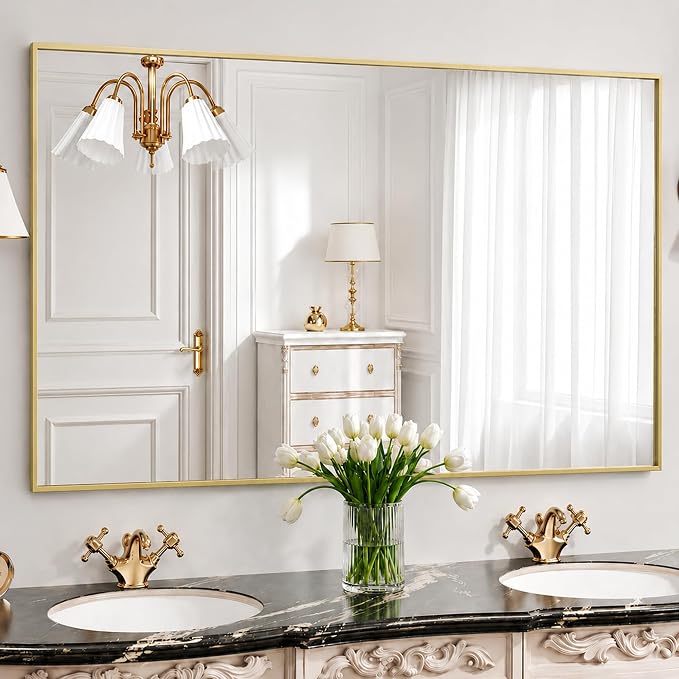 30" x 48" Gold Wall Mirror, 48" x 30" Large Metal Framed Accent Mirror, Horizontal Decor for Dining Room & Bathroom Vanity