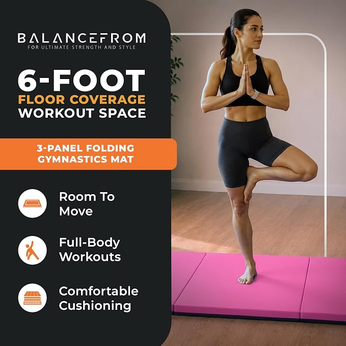 BalanceFrom 6x2 Feet 3-Panel Folding Gymnastics Mat – 2-Inch Thick Pad with Vinyl Surface and Carrying Handles for Tumbling, Yoga, Pilates, Home Workouts, and Martial Arts