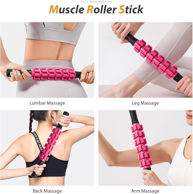 SUBCULTUREPICK 5 in 1 Foam Roller Set for Deep Tissue Muscle Massage | High Density Fitness Exercise Foam Roller, Muscle Roller, Massage Ball, Resistance Band, for Whole Body Physical Therapy Pink
