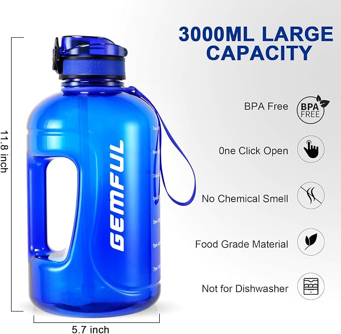 GEMFUL 3L Water Bottle with Straw & Handle BPA-Free Gym Jug (Royal Blue) | Leak-proof, 100oz Large Capacity, Time Marker Tracks Daily Intake, Wide Mouth, for Hiking, Office, Sport, Fitness