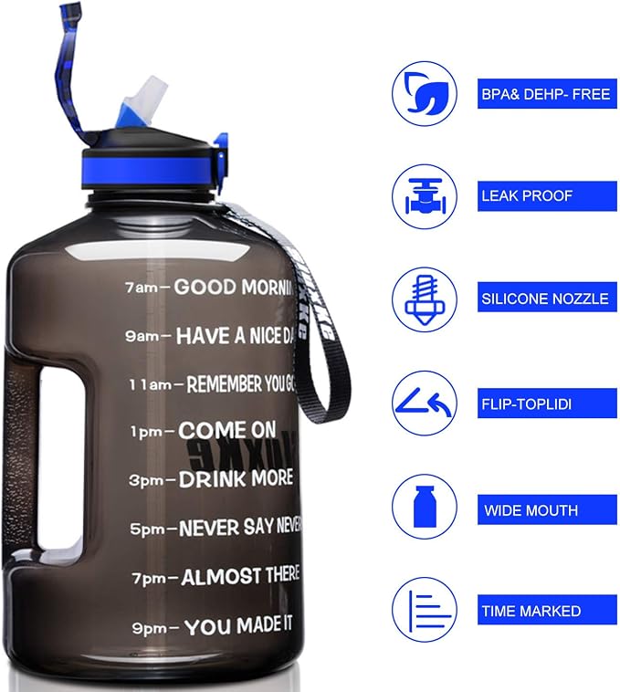 SLUXKE 1 Gallon Motivational Sports Water Bottle with Time Marker, BPA Free 128oz Leak Proof Jug, Black, Plastic, 128 ounces, Fitness, Sports, Outdoor Activities