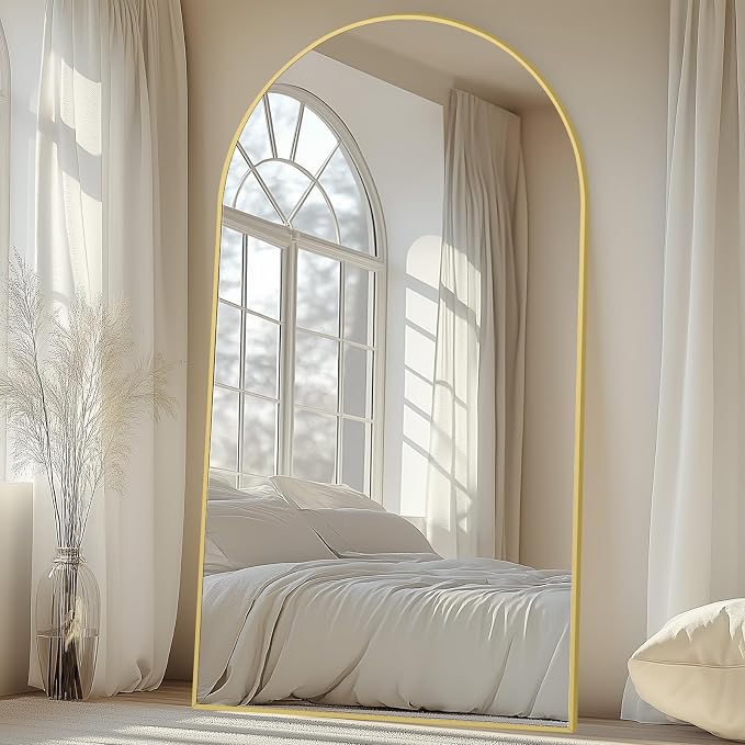 MirrMuse Oversized Arched Full Length Mirror with Stand, 82"X44", Gold | Tempered Glass, Free Standing, for Bedroom Living Room Clothing Store Gym, Aluminum Alloy Frame, Hanging or Leaning