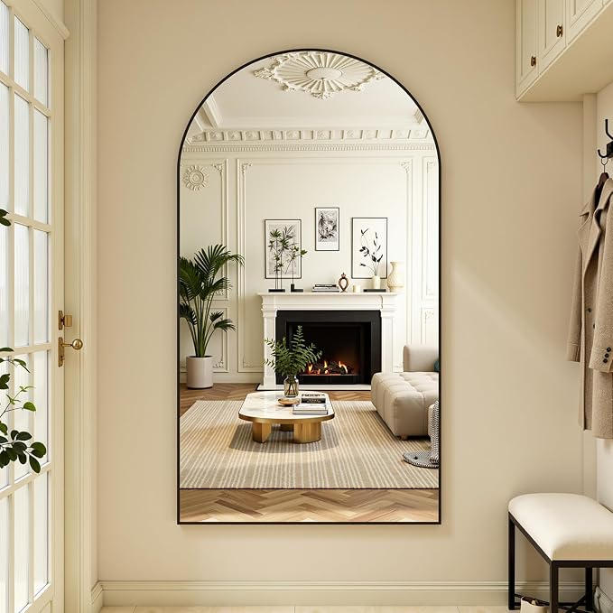 Full Length Mirror 72" L x 44" Full Body Standing Mirror for Bedroom, Living Room, Gym, Dorm - Shatter-Resistant & Easy Assembly, Arched Style Black