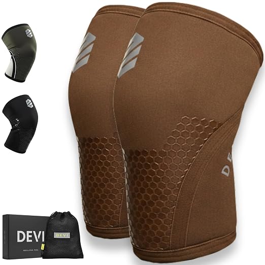 Knee Sleeves 7mm for Weightlifting, Squats, Fitness, Powerlifting, with Advanced 2025 Anti-Slip Design, Premium Neoprene, Constant Compression Brace, Gym Training Support - 1 PAIR - Men Women – DEVI (Brown, Large)