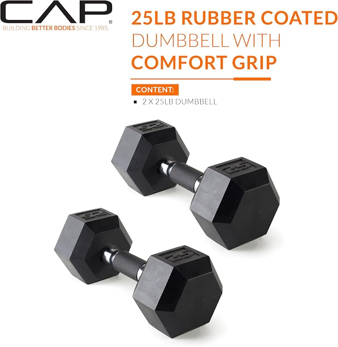 CAP Rubber Coated Dumbbell Weights, Free Weights for Home Gym Strength Training, Anti-Roll Hex Dumbbells with Black, Chrome & Comfort Grip Handles, Pairs & Sets
