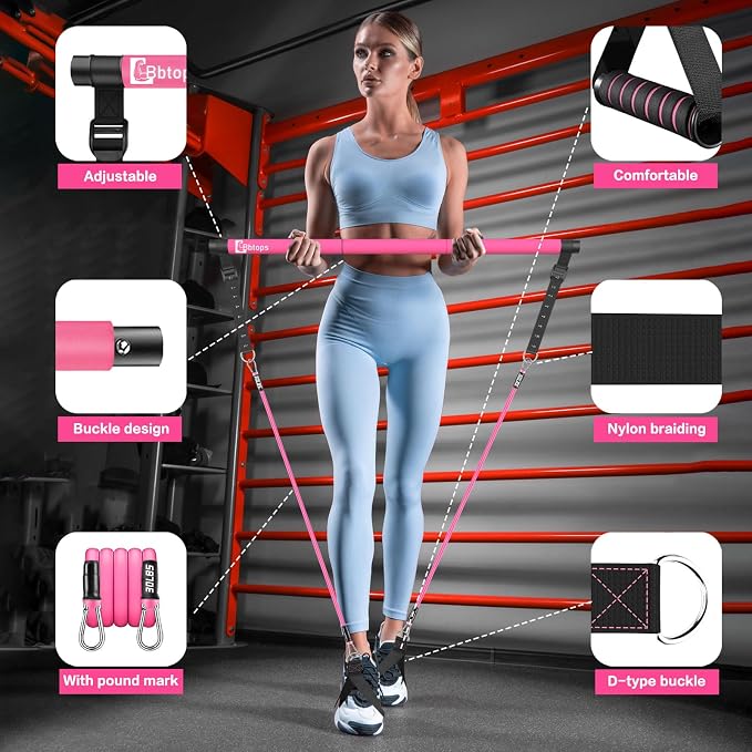 Bbtops Pilates Bar Kit with Resistance Bands,Pilates Bar with Stackable Bands Workout Equipment for Legs,Hip,Waist and Arm,Exercise Fitness Equipment for Women & Men Home Gym Yoga Pilates