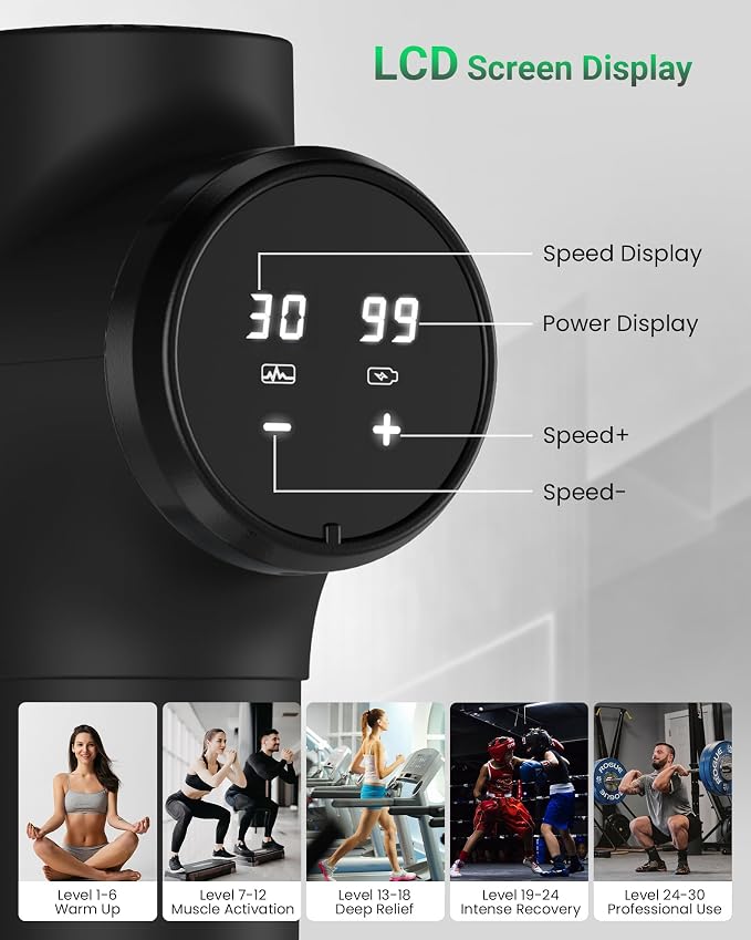 Massage Gun, Deep Tissue Percussion Massager 30 Speeds for Pain Relief | Handheld Electric Back & Neck Muscle Massager with 6 Massage Heads for Athletes, Men & Women (Black)