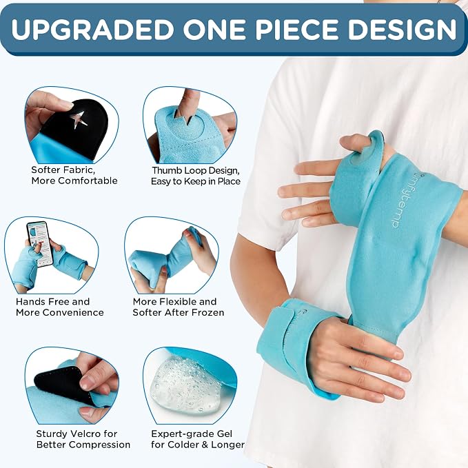 Comfytemp Wrist Ice Pack Wrap Carpal Tunnel Relief Wrist Brace, 2 Packs | FSA Eligible HSA, Gel Ice Packs for Injuries Reusable for Pain Relief, Thumb Hand Ice Pack, Hot Cold Compress Hand Brace
