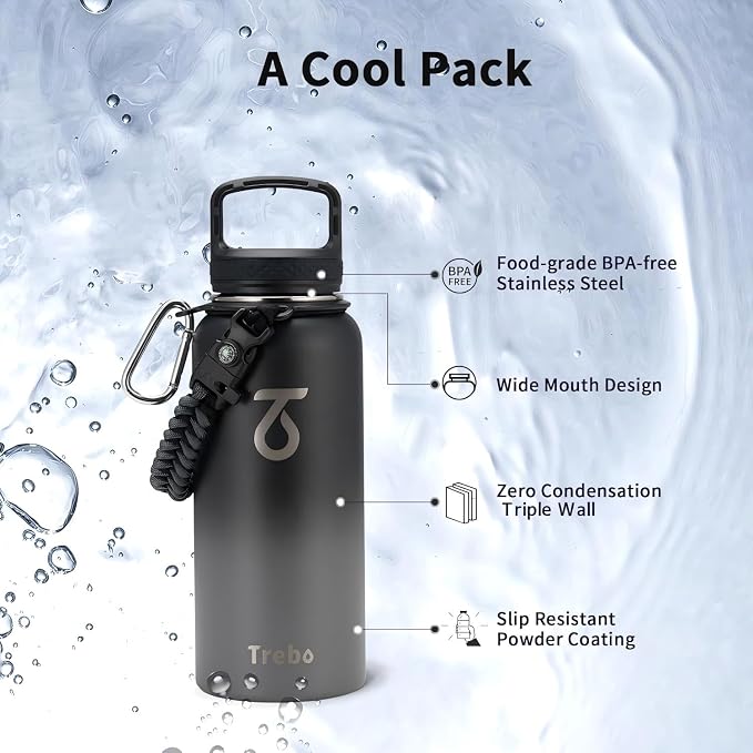 Trebo Insulated Water Bottle 32 oz with 3 Lids, Paracord Handle & Sleeve | Stainless Steel Metal Flask Vacuum, Triple Wall Copper Plated, Dishwasher Safe, Cold 48Hrs for Trail, Hiking, Wide Mouth