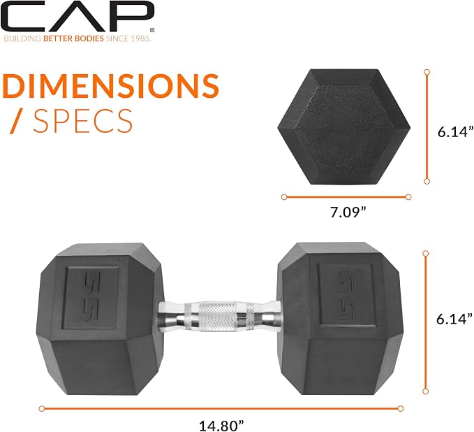 CAP Rubber Coated Dumbbell Weights, Free Weights for Home Gym Strength Training, Anti-Roll Hex Dumbbells with Black, Chrome & Comfort Grip Handles, Pairs & Sets