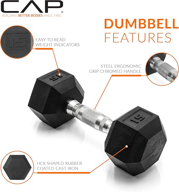 CAP Rubber Coated Dumbbell Weights, Free Weights for Home Gym Strength Training, Anti-Roll Hex Dumbbells with Black, Chrome & Comfort Grip Handles, Pairs & Sets