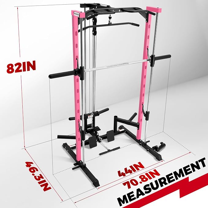 RitFit Smith Machine Power Rack with LAT-Pull Down System | Half Smith Machine with Landmine, Barbell Bar, Plate Storage Pegs and More Training Attachment