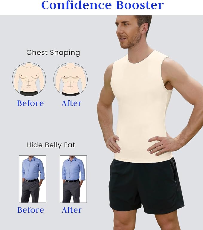 Compression Shirt Men Slimming Body Shaper Vest Crewneck Workout Tank Top | Tummy Control Undershirts, Gynecomastia Compression Shirts, Back Support, Sleeveless Muscle Shirts, Shaping Tank Top
