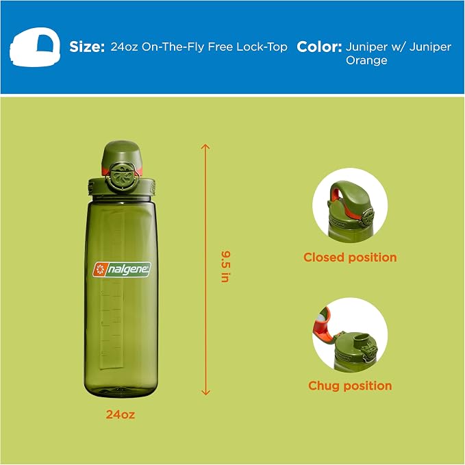 Nalgene 24 oz On The Fly Lock-Top Water Bottle, Juniper w/Juniper Orange | Easy Chug Cap with Locking Lid, Cup Holder Size, BPA-Free, Durable & Leak Proof, Slim Travel Bottle for School & Sports