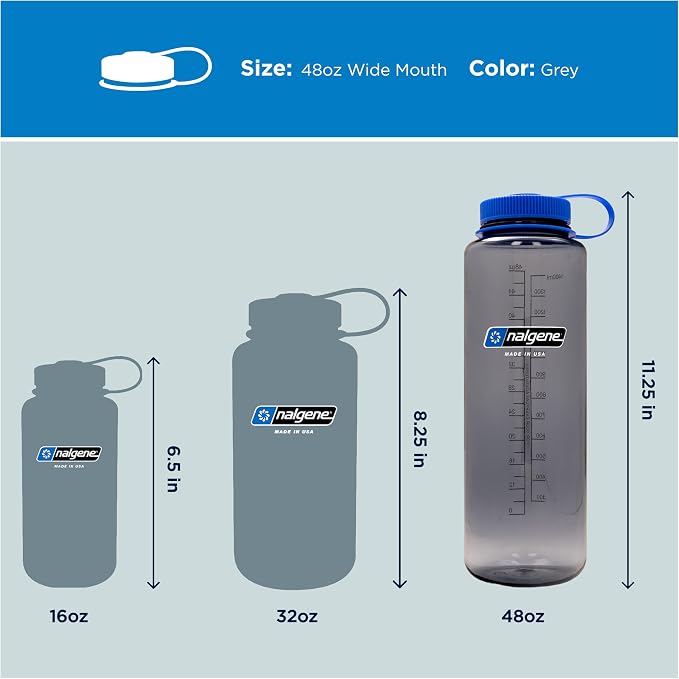 Nalgene 48 oz Wide Mouth Silo Water Bottle, Grey | BPA-Free, Durable & Lightweight, Leak Proof, Dishwasher Safe, Large Reusable Plastic Bottle for Hiking, Gym, Work & Travel