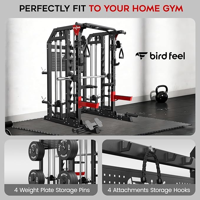 Multi-Function 2000LB Power Cage Smith Machine, Dual Pulley Cable Crossover | Home Gym Squat Rack Featuring LAT Pulldown, Power Rack with Olympic Bar & Strength Training Attachments, Pegboard