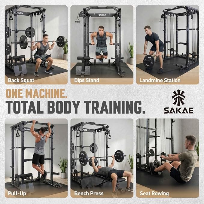 SAKAE Squat Rack with Cable Crossover System, Power Rack with LAT Pull Down, Pull-Up Bar, Dip Bars, Weight Bench, 260 LB Bumper Plates, 7 FT Olympic Bar & Training Attachments, Multiple Options