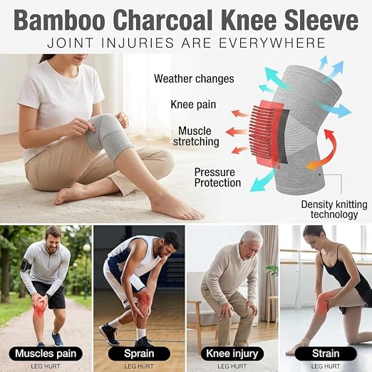 2026 Premium Bamboo Knee Sleeve - 1 Pair Bamboo Compression Knee Sleeve for Women & Men, Anti-Slip Elastic Sport Warm Knee Brace for Arthritis (Gray,Medium)