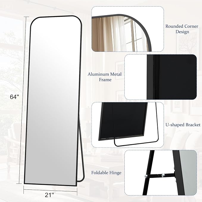 Full Length Mirror 64"x21" Arched Floor Standing Large Mirrors | Full Body Mirror with Stand - with Aluminum Frame for Bedroom Living Room, Black