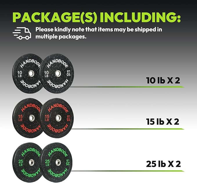 HANDBODE 2-Inch Weight Plates High Bounce, Olympic Bumper Plate Set 45/100/160/190/260/300lb, Colored Weight Plates Set for Home Gym, Barbell Weights Rubber Strength Training Plate for Weight Lifting