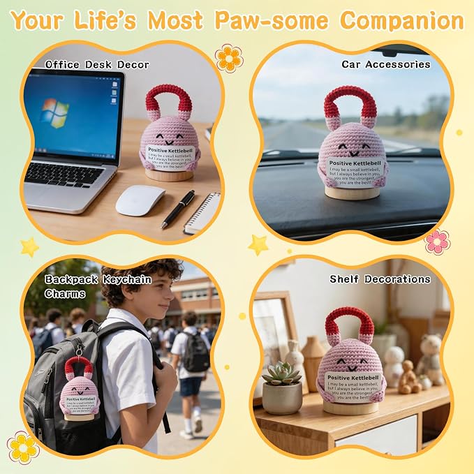 Crochet Knitted Kettlebell, 3.54 Inch Positive Kettlebell with Encouraging Card, Unique Fitness Themed Gift for Home Office Room Desktop Decoration
