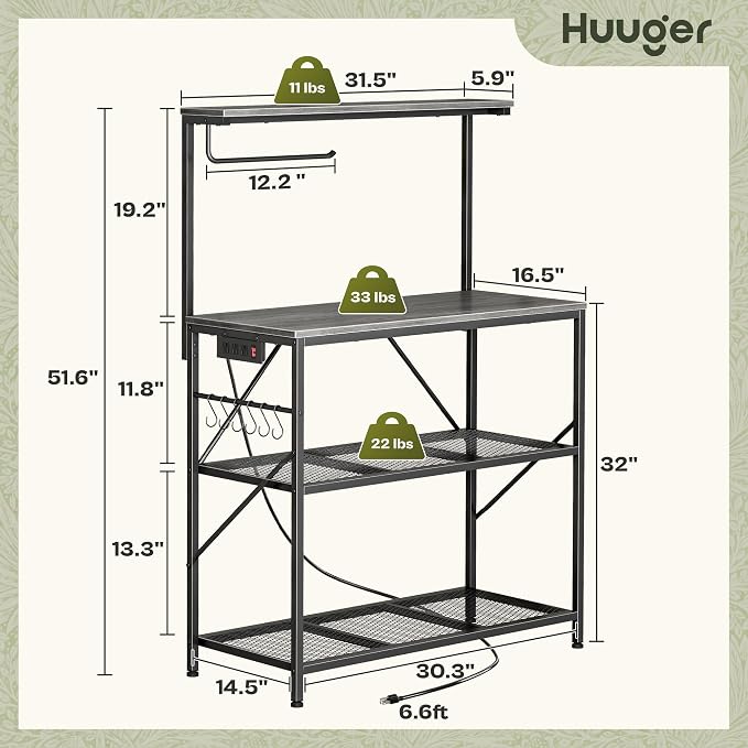Huuger 4-Tier Bakers Rack with Reversible Power Outlet, 31.5 Inch Microwave Stand, Kitchen Coffee Bar, with Top Shelf, 6 S Hooks, Grey
