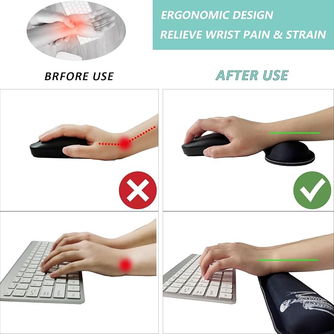 Keyboard Wrist Rest Mouse Wrist Support Set, Memory Foam Wrist Rest Pad for Computer Laptop Keyboard Mouse, Ergonomic Wrist Cushion Support for Typing Pain Relief, Gaming Home Office, Human Skeleton