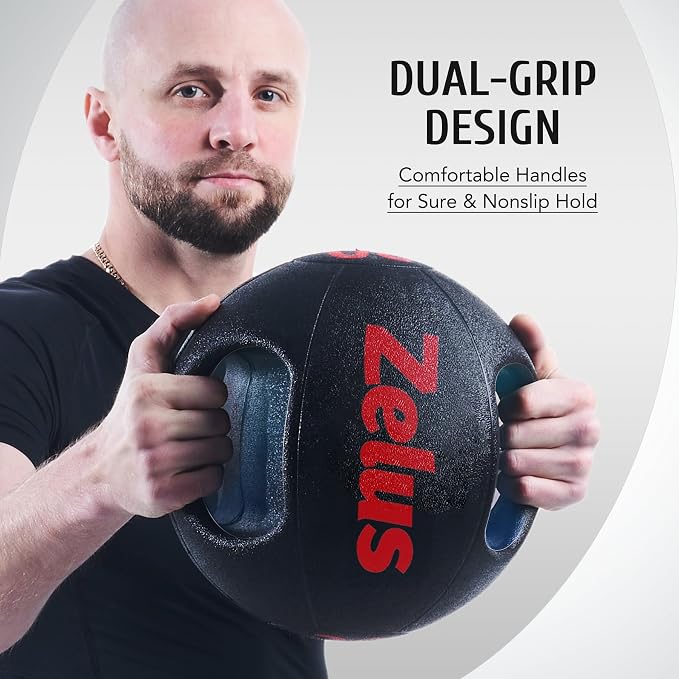 ZELUS Medicine Ball with Dual Grip| 10/20 lbs Exercise Ball |Weight Ball with Handles| Textured Grip Exercise Ball |Strength Training| Core Workouts | 10/20 lb, eco-friendly odorless rubber, dual anti-skid grips, for core strength training mobility, ho...