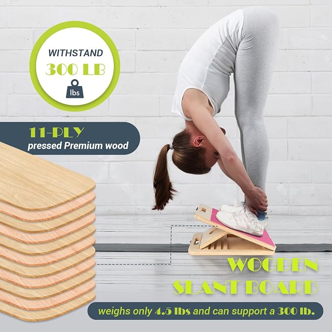 Slant Board Calf Stretching, 300 LBS Capacity Portable Wooden Incline Board | Training Poster, 5 Adjustable Angles, Non-Slip Calf Mobility Board for Legs, Ankles, Knees, Heels, Physical Therapy & Squats